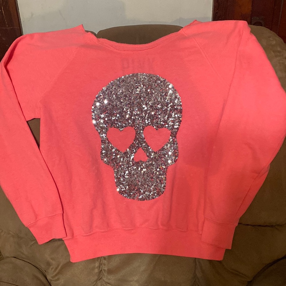 Rare VS Pink Skull Bling Sweatshirt Off The Shoulders Fit Size Medium